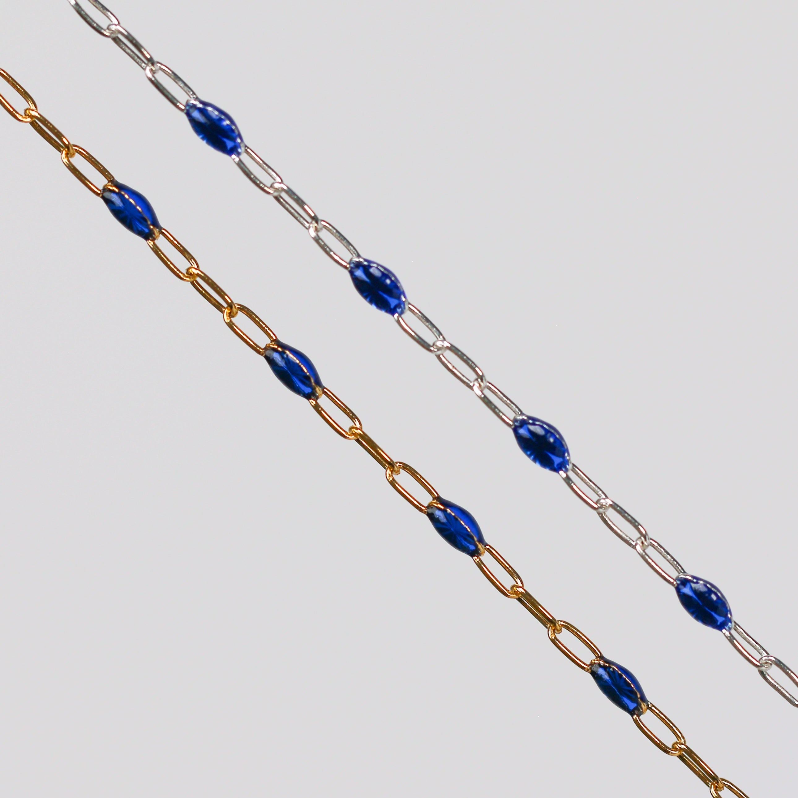 Fabiana Permanent Jewelry Chain, Blue Enamel Design, Cable Links, Available in Gold Filled and Sterling Silver