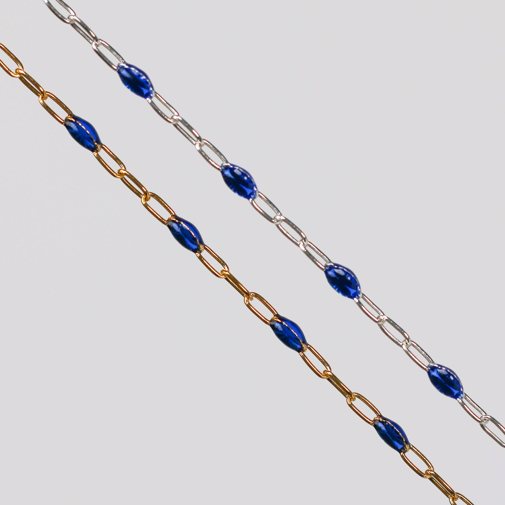 Fabiana Permanent Jewelry Chain, Blue Enamel Design, Cable Links, Available in Gold Filled and Sterling Silver