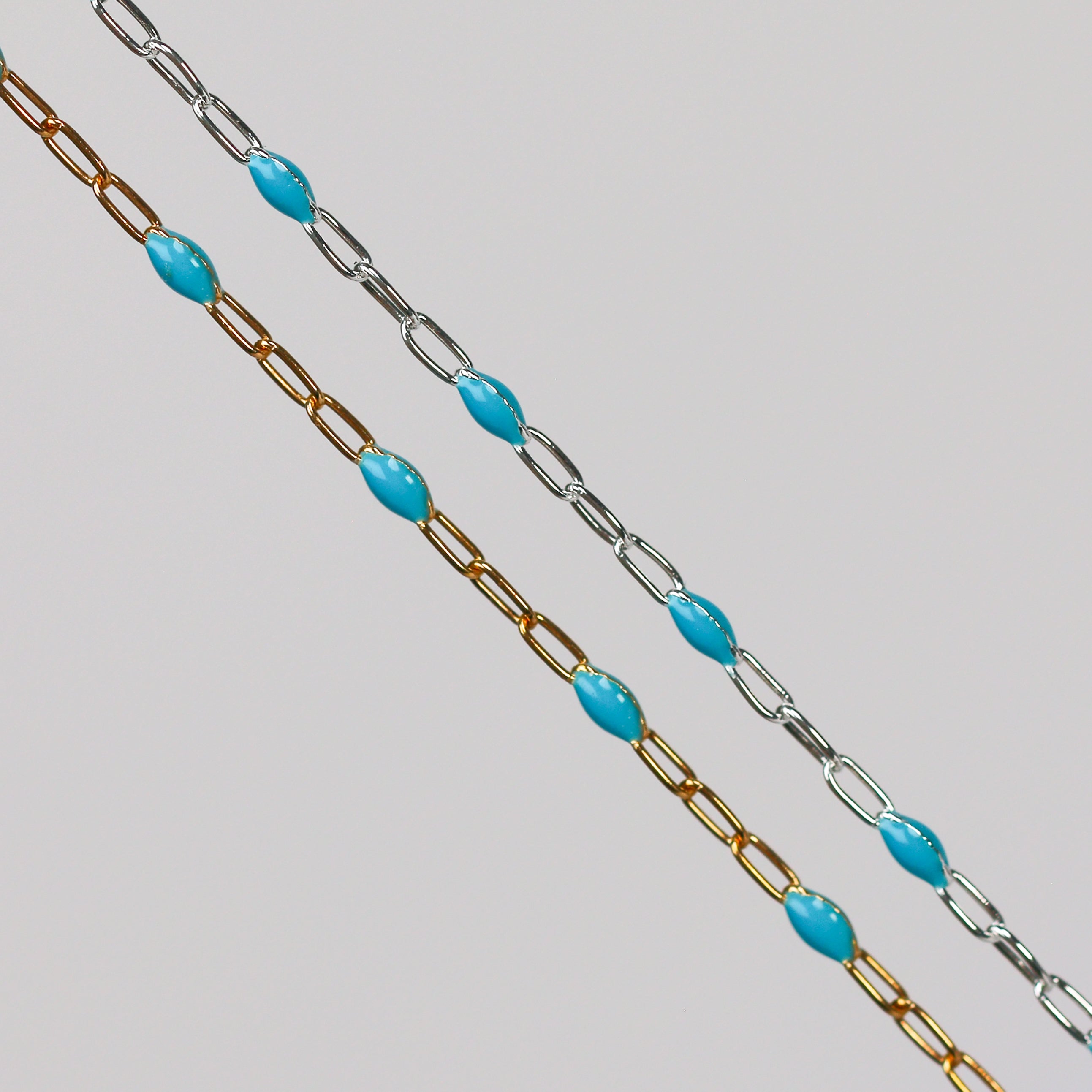 Nadia Permanent Jewelry Chain, Turquoise Enamel Design, Cable Links, Available in Gold Filled and Sterling Silver