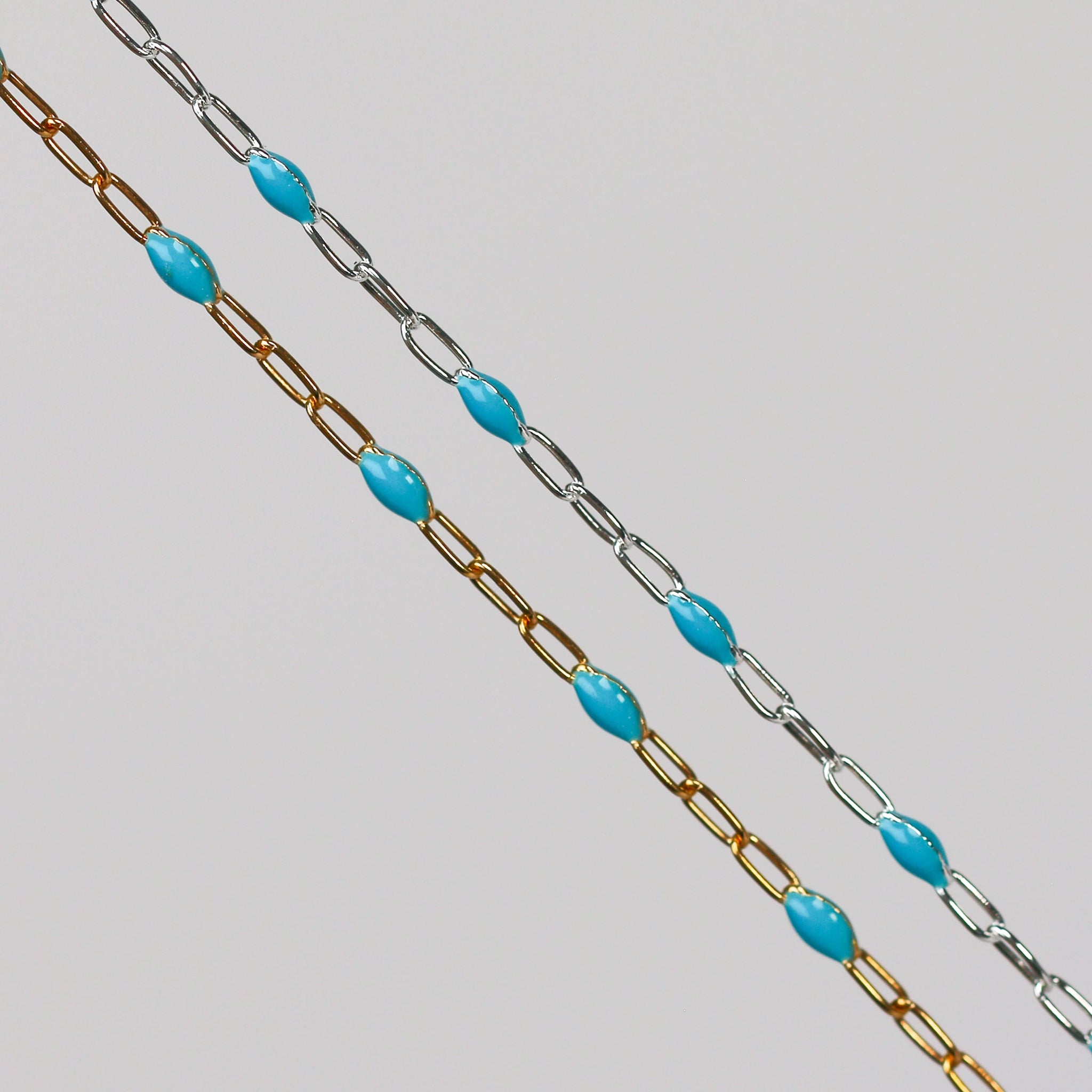 Nadia Permanent Jewelry Chain, Turquoise Enamel Design, Cable Links, Available in Gold Filled and Sterling Silver