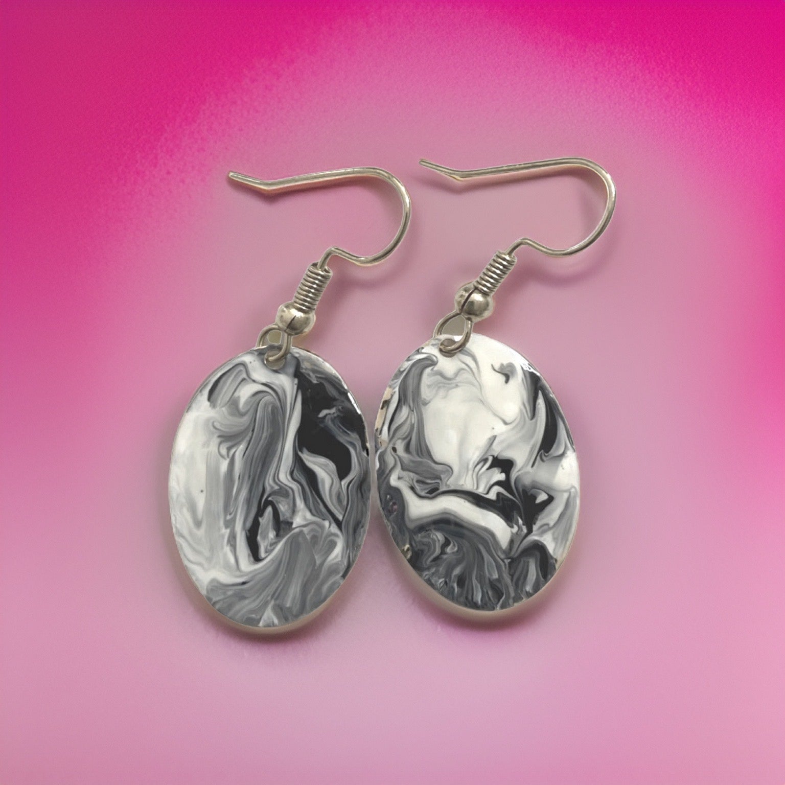 Black & White Hand Painted Marbleized Mini Oval Earrings