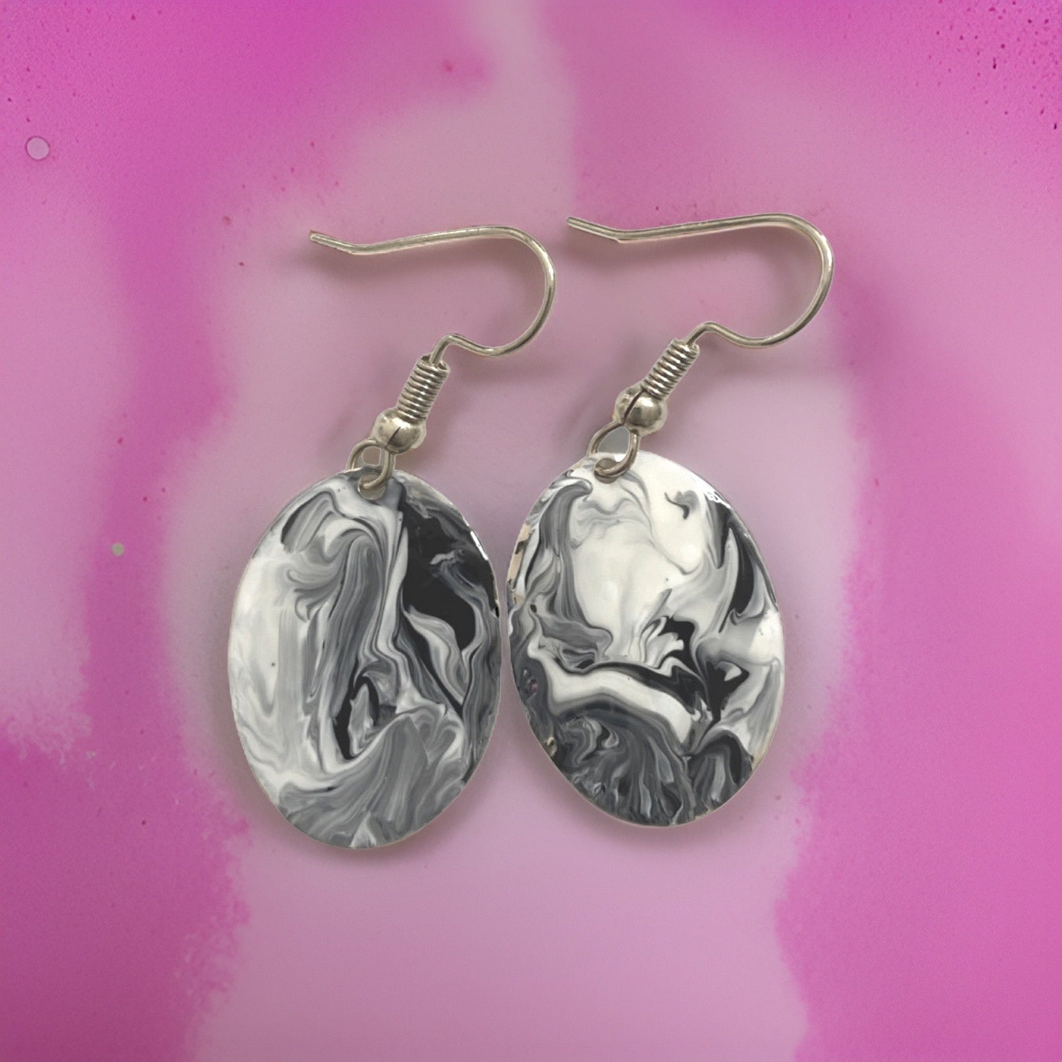 Black & White Hand Painted Marbleized Mini Oval Earrings