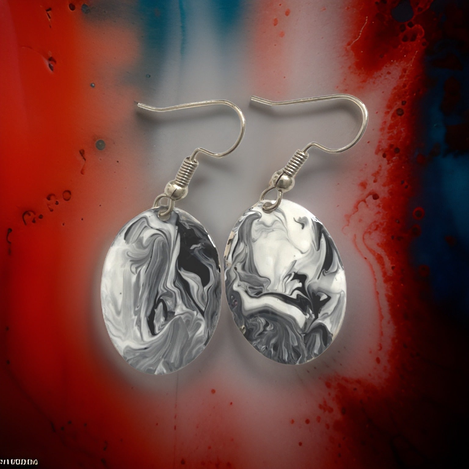 Black & White Hand Painted Marbleized Mini Oval Earrings