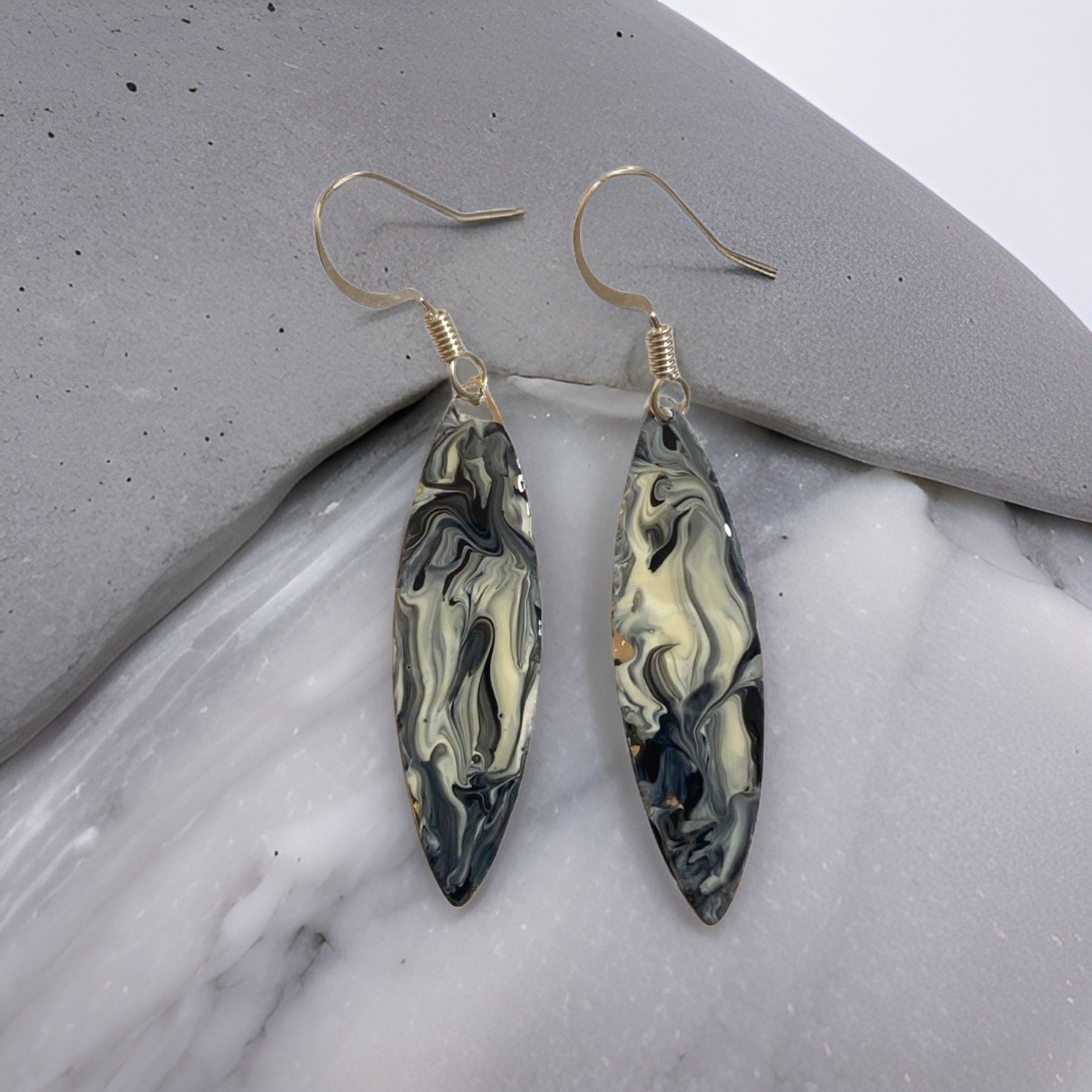Black & White  Marble Mini Navette Lures of Love Earrings