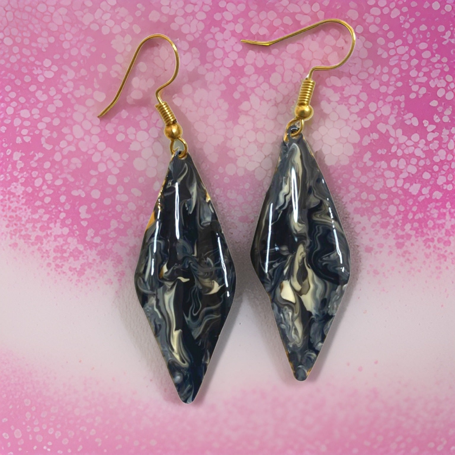 Hand Painted Black & White Marbleized Hammered Wavy Dangle Earrings