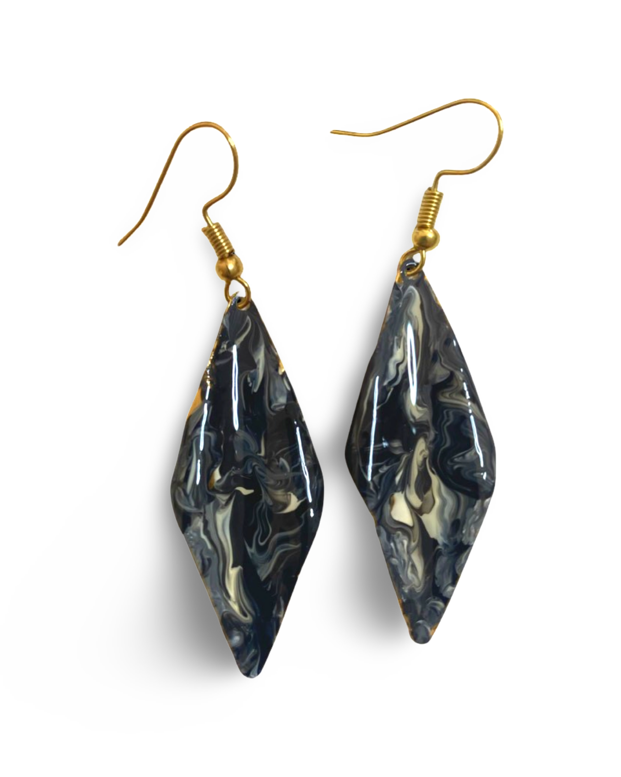 Hand Painted Black & White Marbleized Hammered Wavy Dangle Earrings