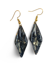 Load image into Gallery viewer, Hand Painted Black &amp; White Marbleized Hammered Wavy Dangle Earrings
