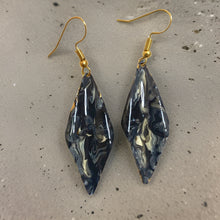 Load image into Gallery viewer, Hand Painted Black &amp; White Marbleized Hammered Wavy Dangle Earrings
