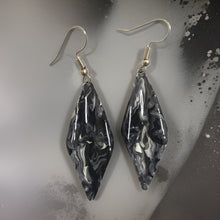Load image into Gallery viewer, Hand Painted Black &amp; White Marbleized Hammered Wavy Dangle Earrings
