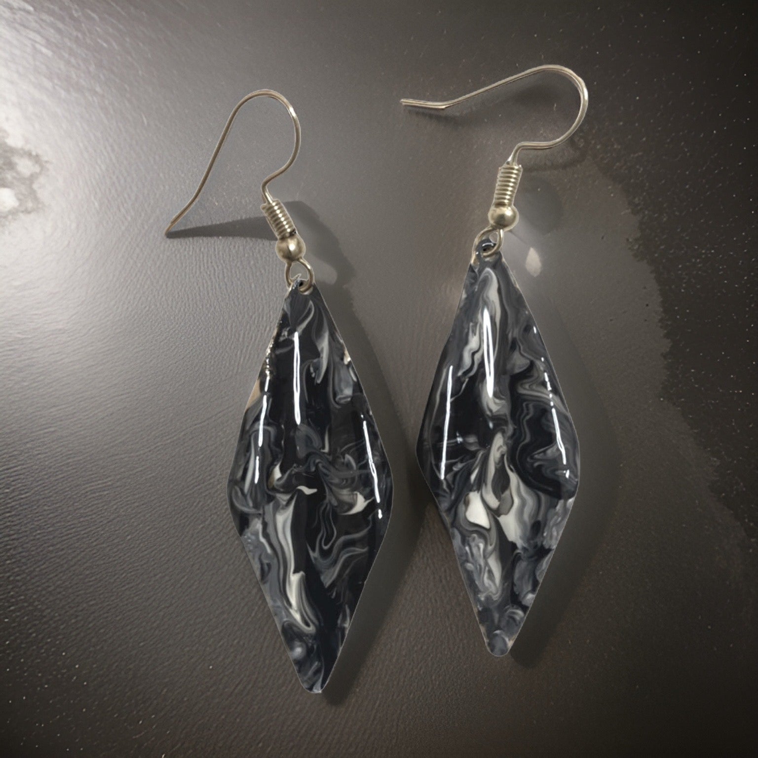 Hand Painted Black & White Marbleized Hammered Wavy Dangle Earrings