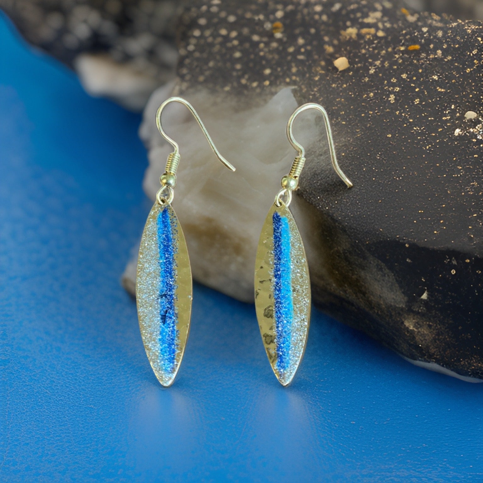 Art Deco Hand Painted Blue Mini Navette Earrings