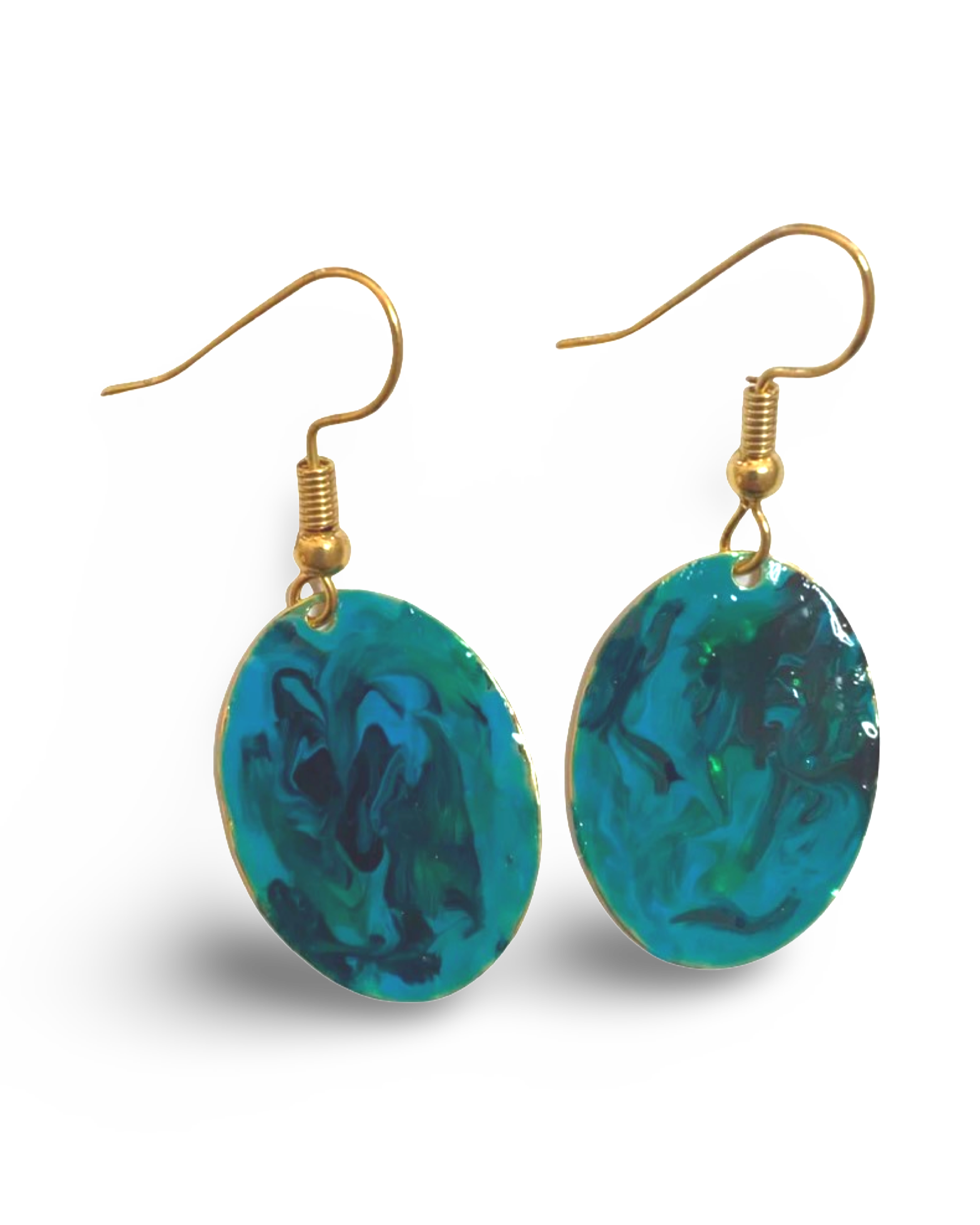 Blue & Green Hand Painted Marbleized Mini Oval Earrings