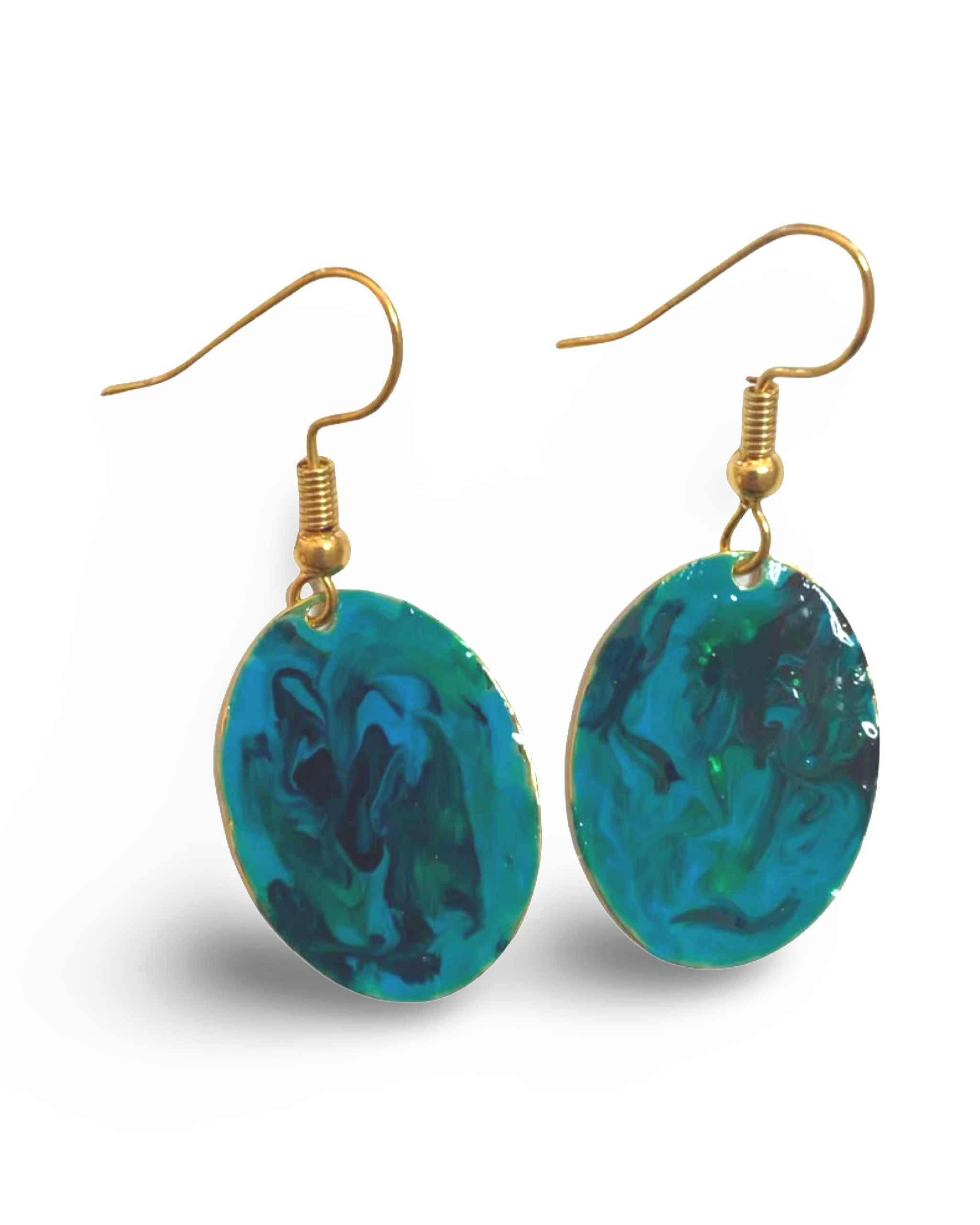 Blue & Green Hand Painted Marbleized Mini Oval Earrings