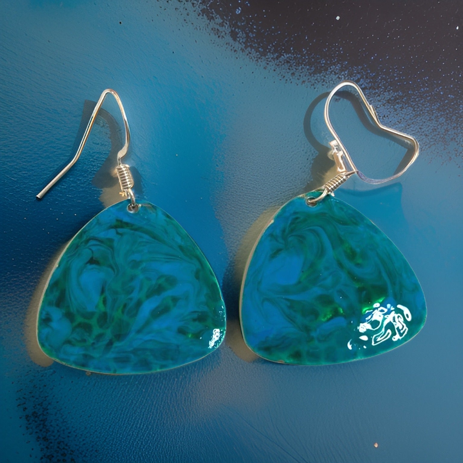 Blue & Green Hand Painted Enamel Marbleized Guitar Pick Earrings