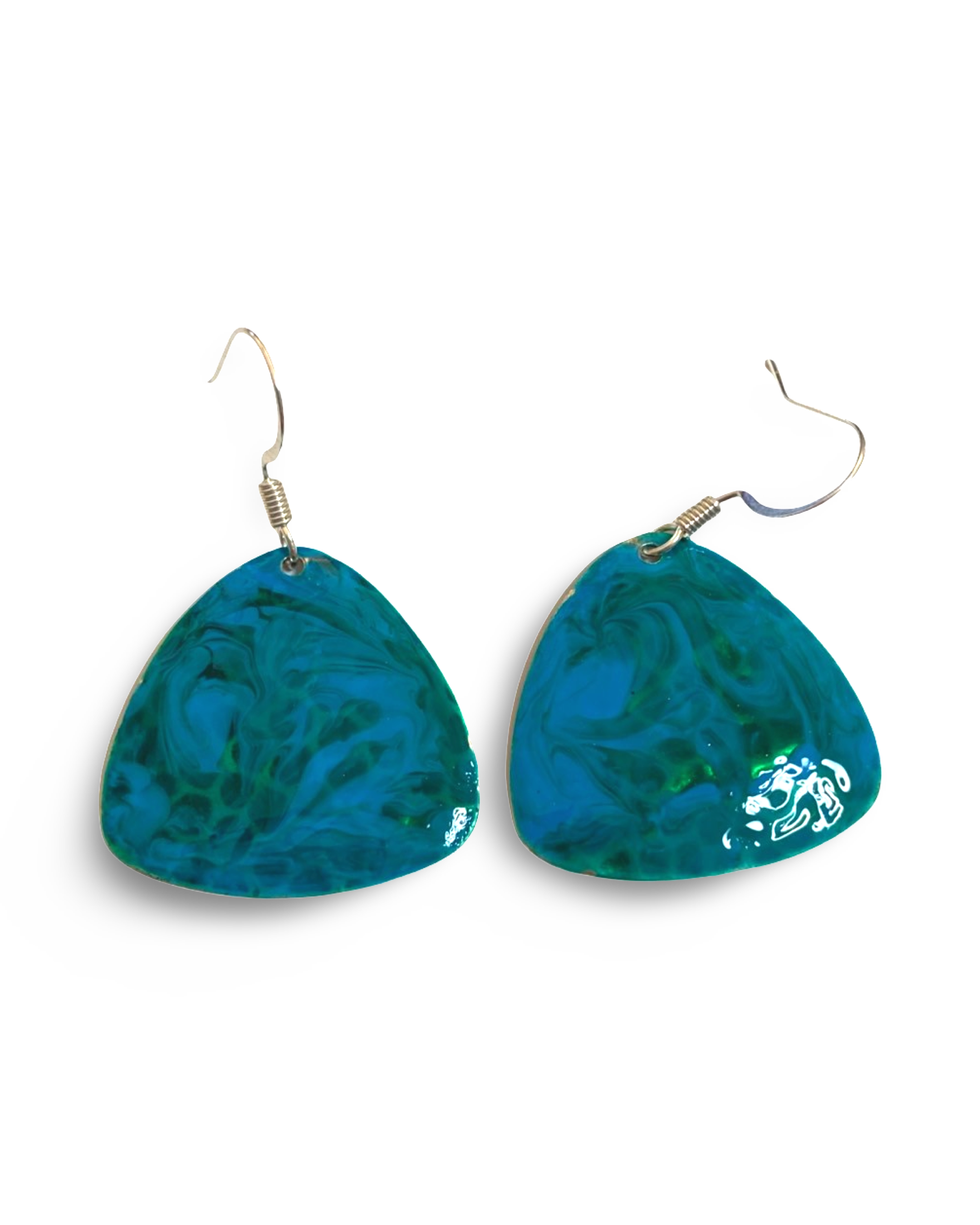 Blue & Green Hand Painted Enamel Marbleized Guitar Pick Earrings