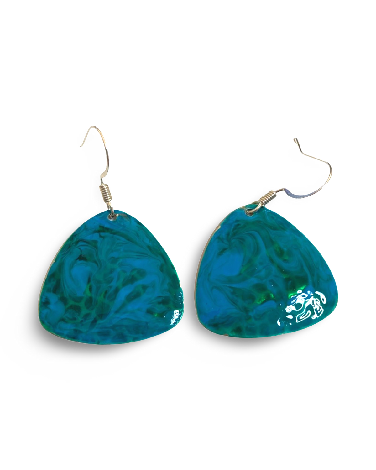 Blue & Green Hand Painted Enamel Marbleized Guitar Pick Earrings