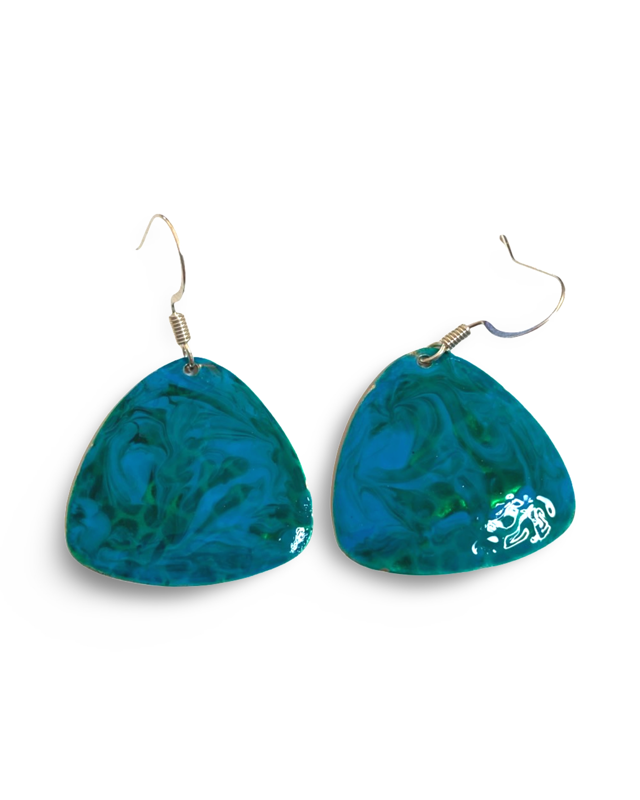 Blue & Green Hand Painted Enamel Marbleized Guitar Pick Earrings