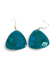 Load image into Gallery viewer, Blue &amp; Green Hand Painted Enamel Marbleized Guitar Pick Earrings
