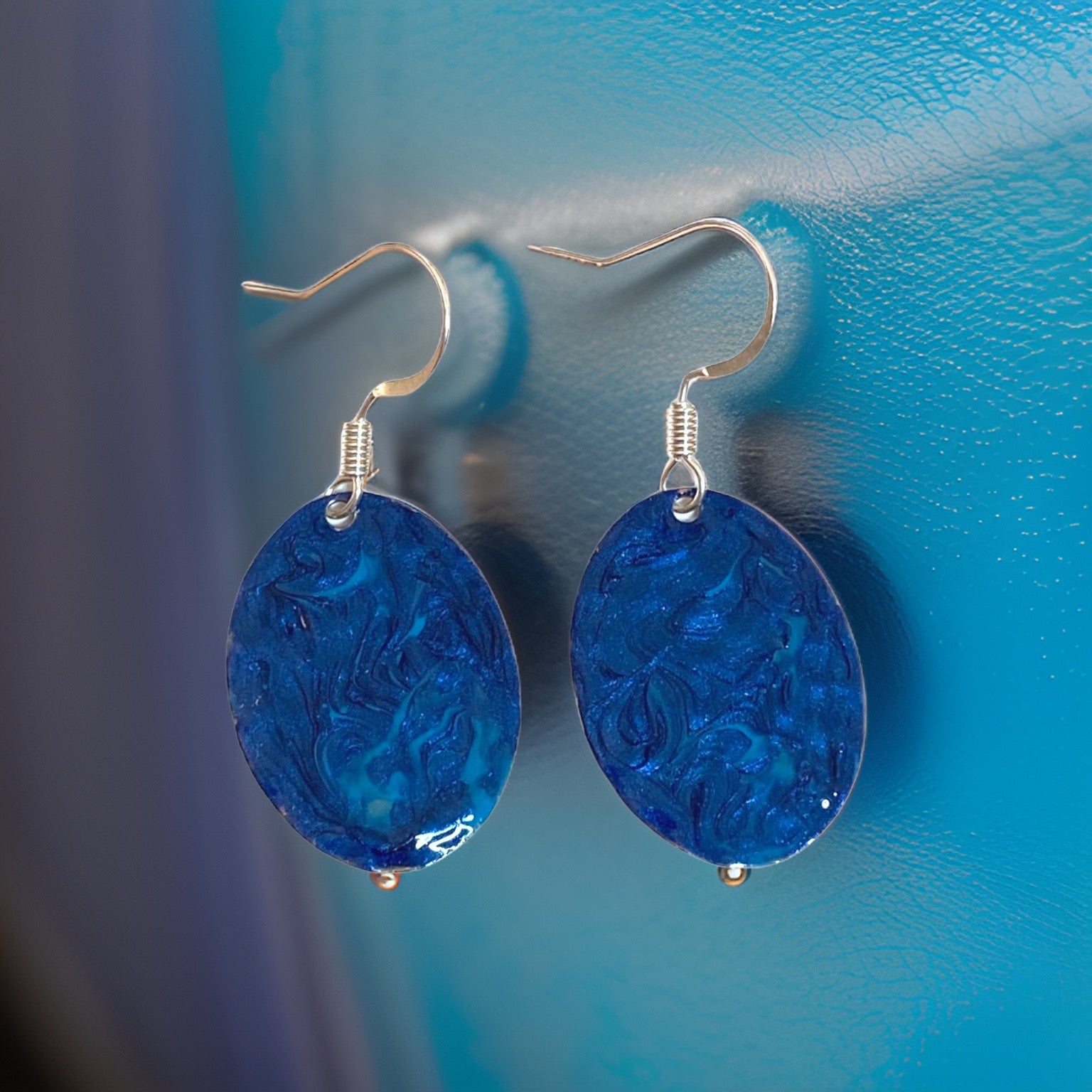 Blue Hand Painted Marbleized Mini Oval Earrings