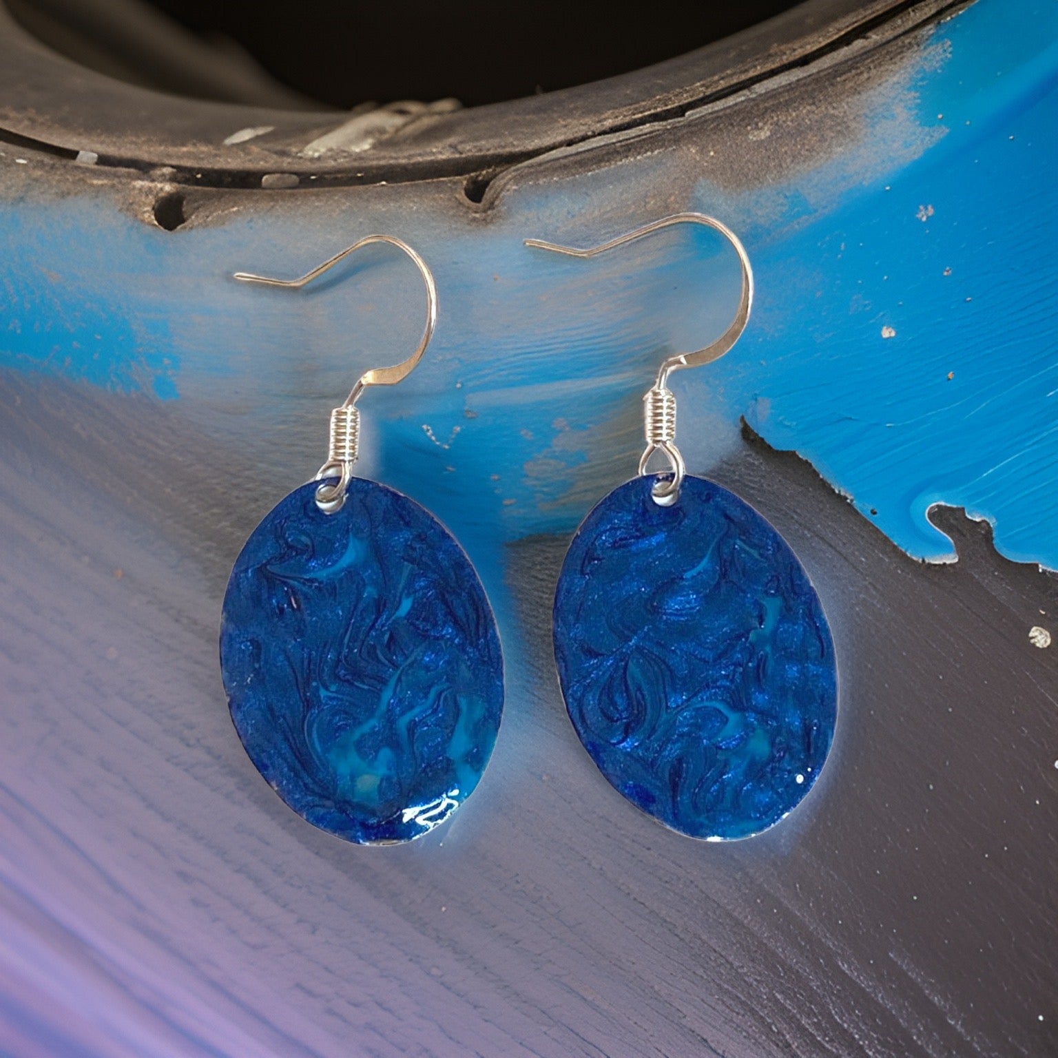 Blue Hand Painted Marbleized Mini Oval Earrings
