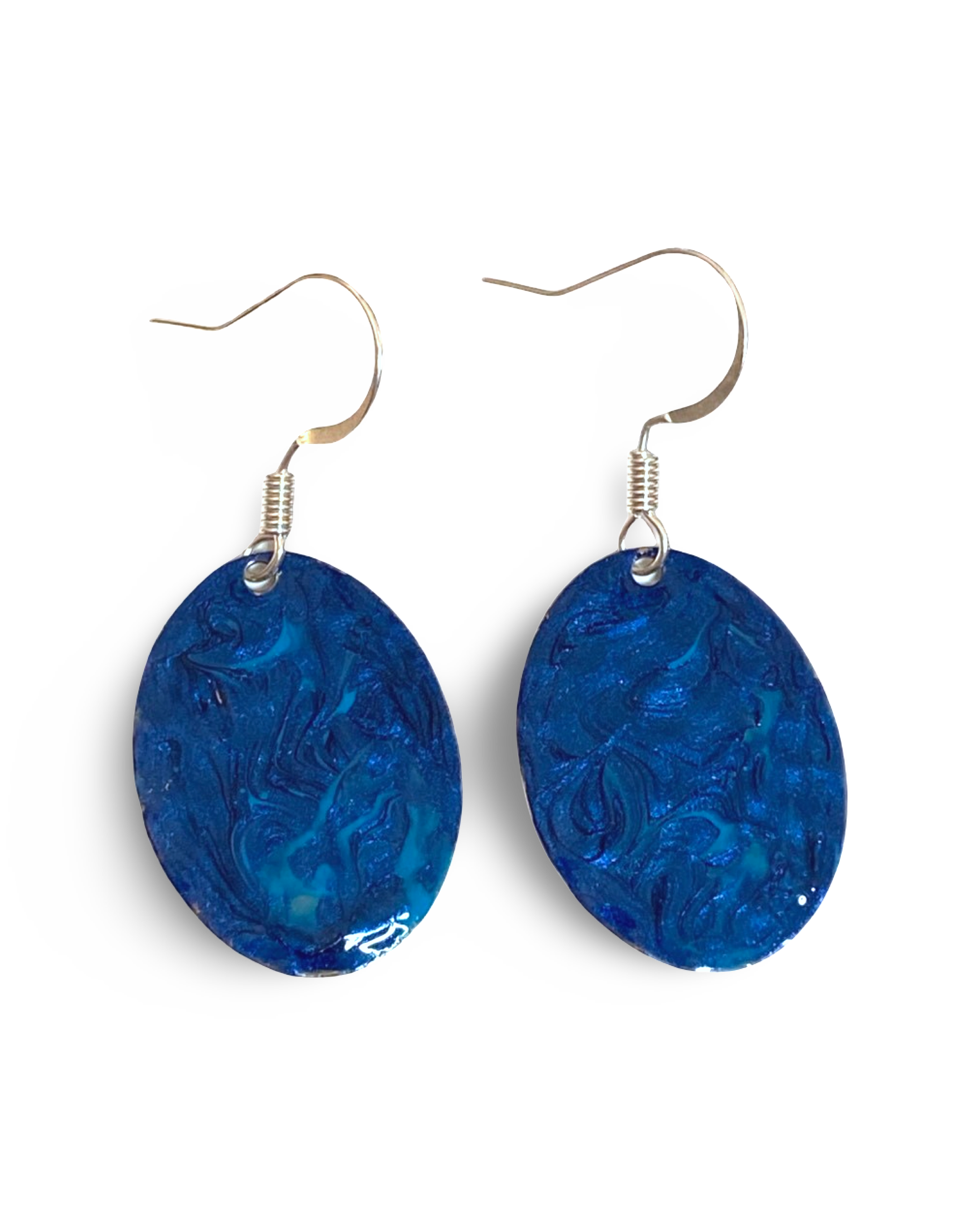 Blue Hand Painted Marbleized Mini Oval Earrings