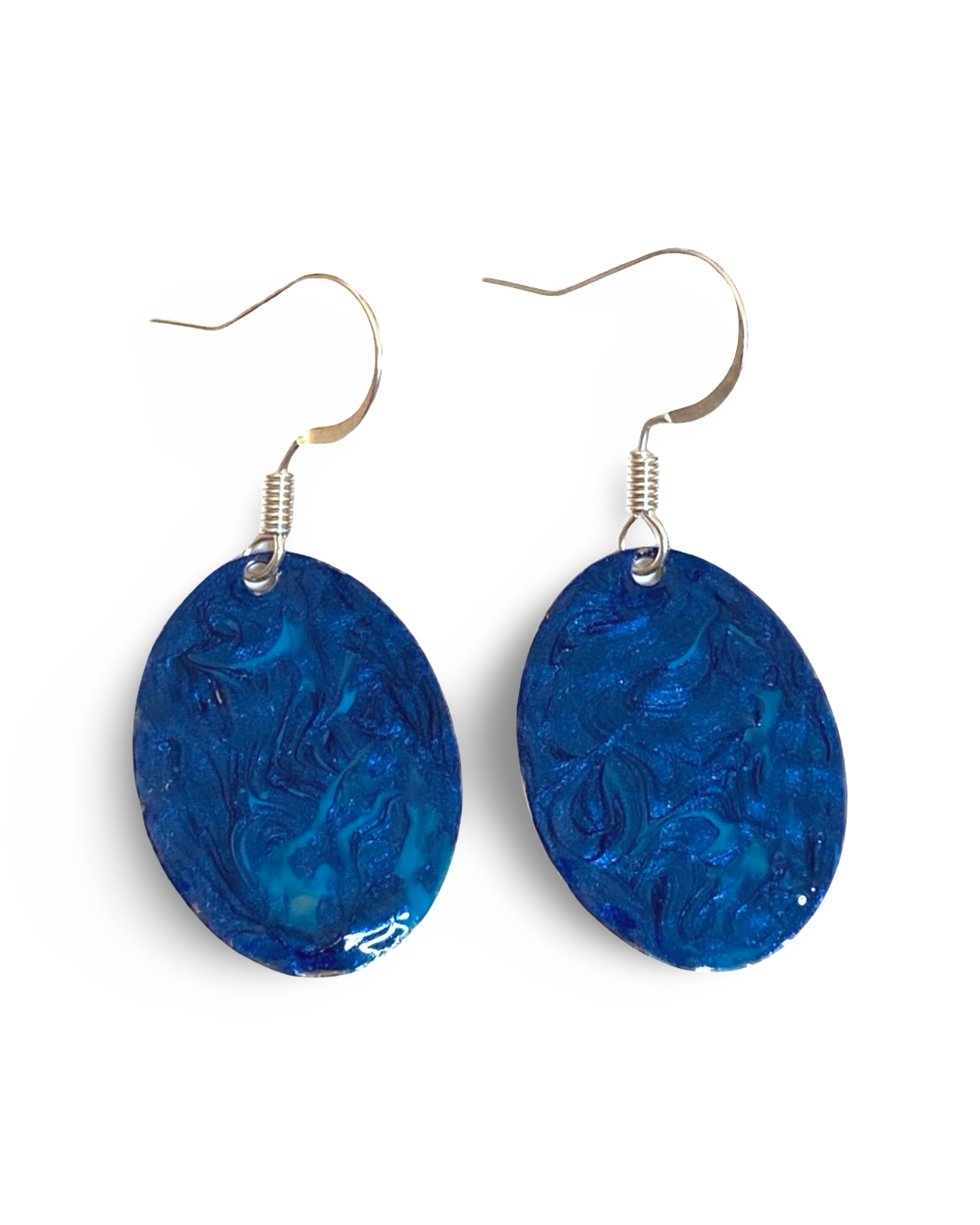 Blue Hand Painted Marbleized Mini Oval Earrings