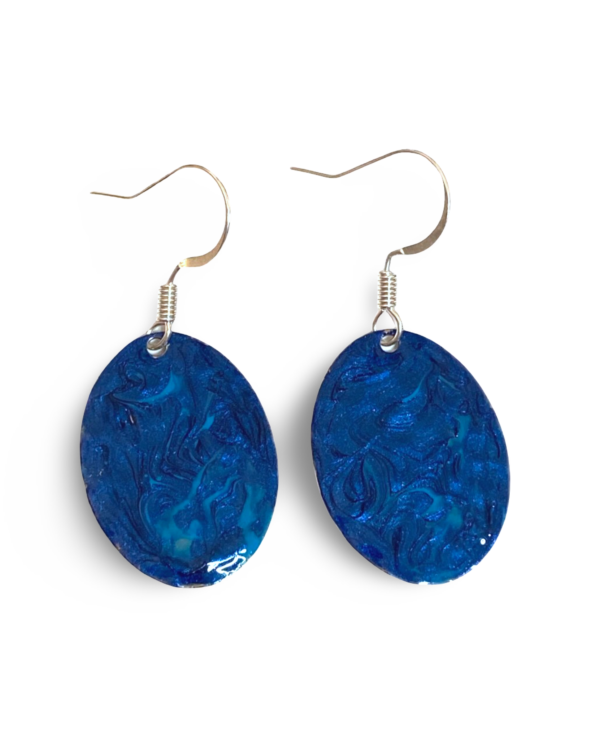 Blue Hand Painted Marbleized Mini Oval Earrings