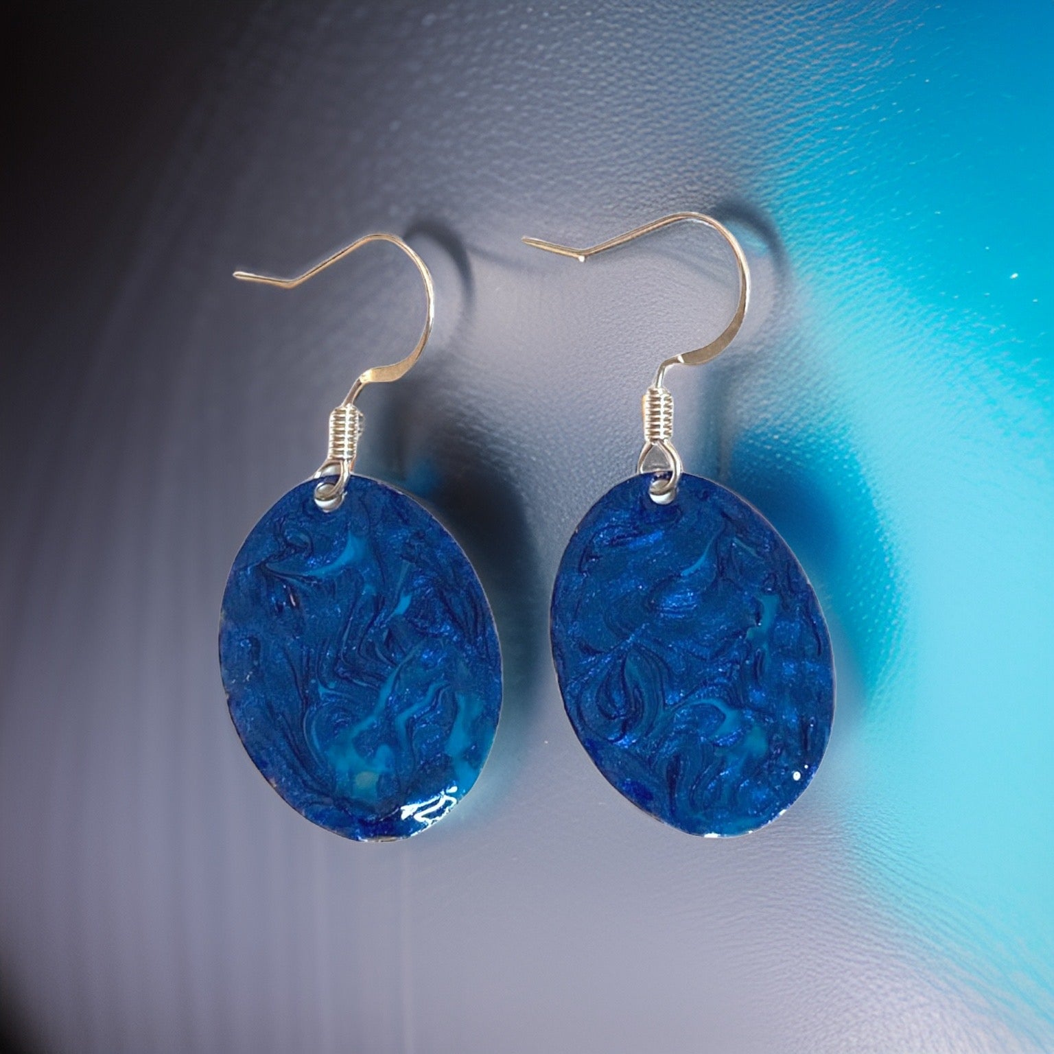Blue Hand Painted Marbleized Mini Oval Earrings