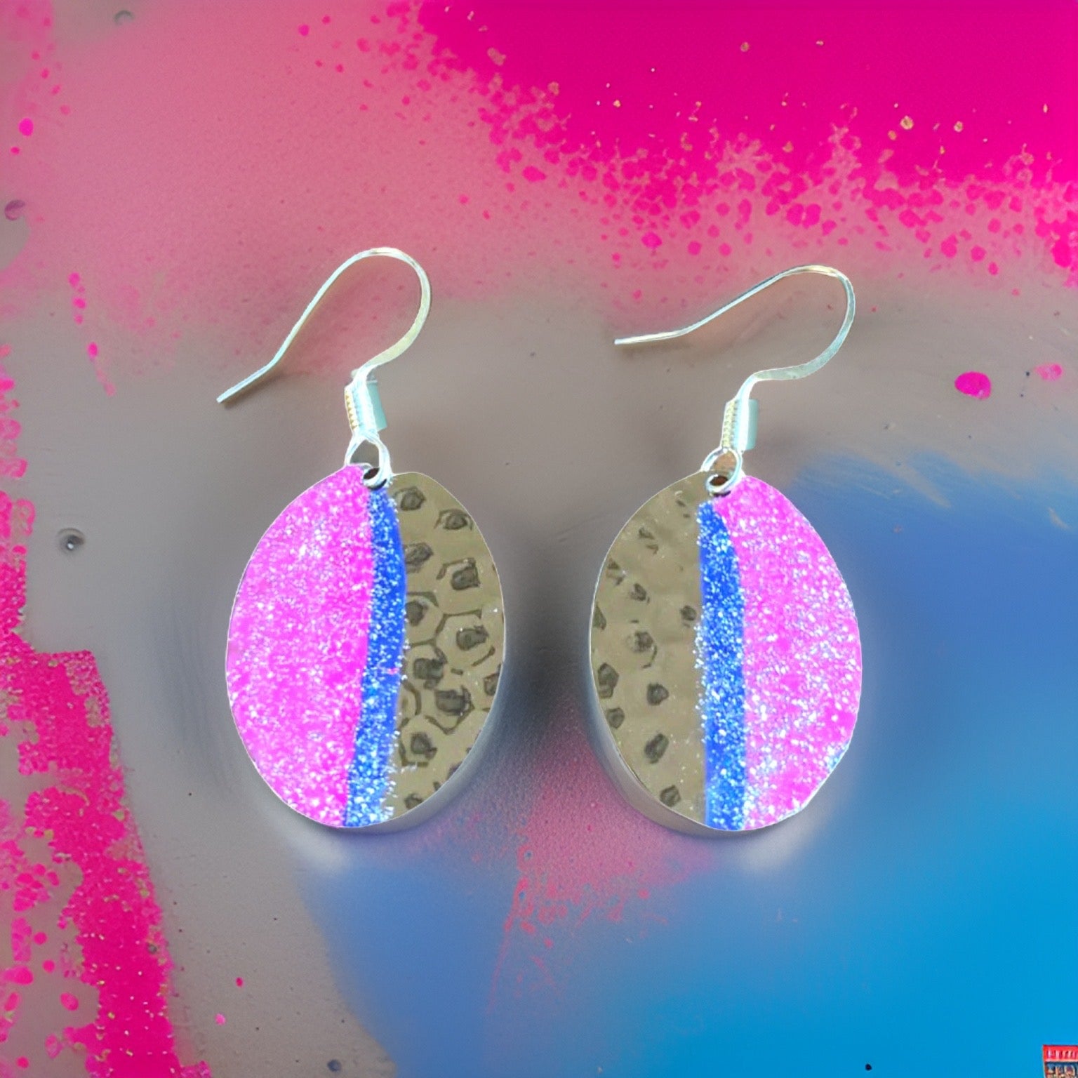 Art Deco Hand Painted Pink & Blue Mini Oval Earrings