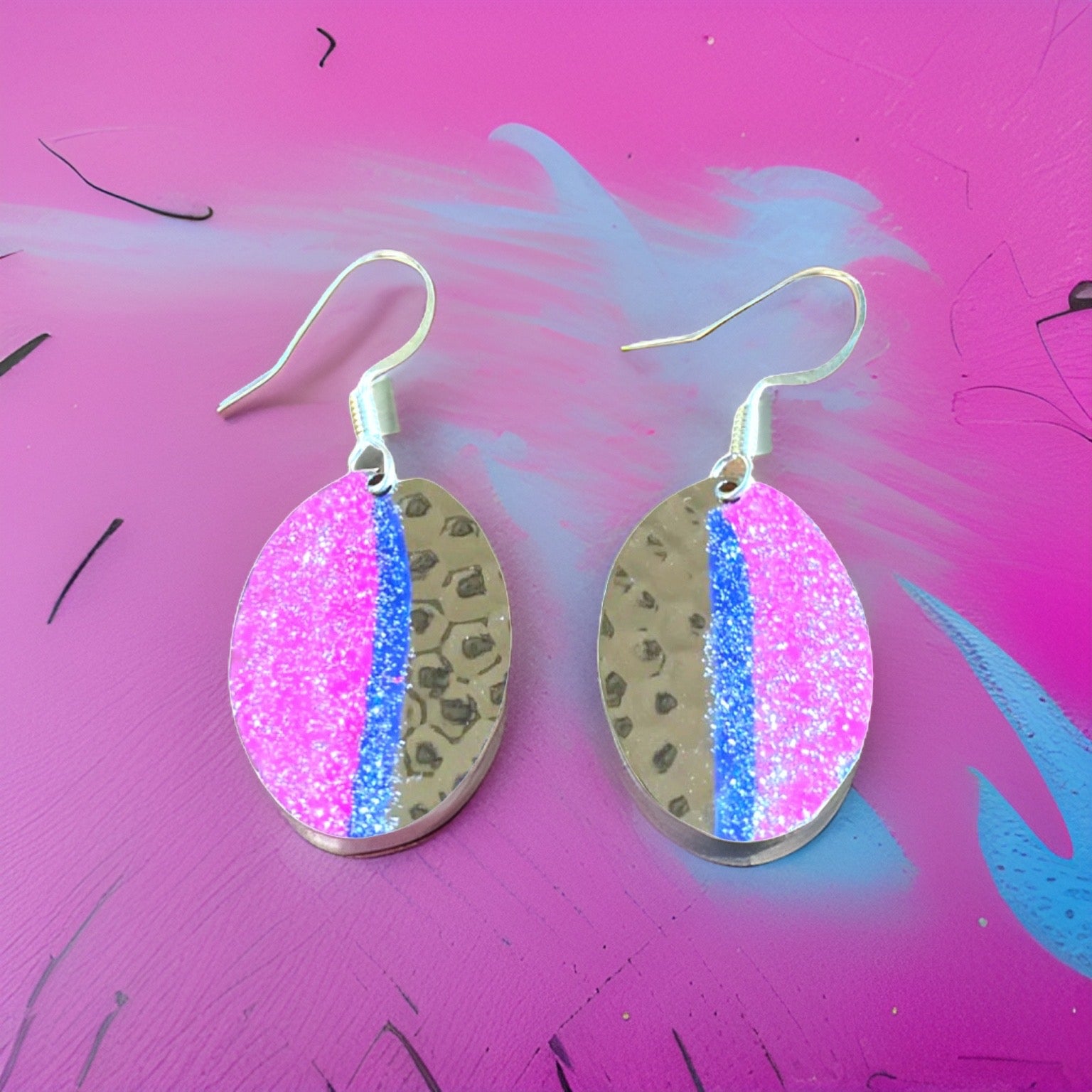 Art Deco Hand Painted Pink & Blue Mini Oval Earrings