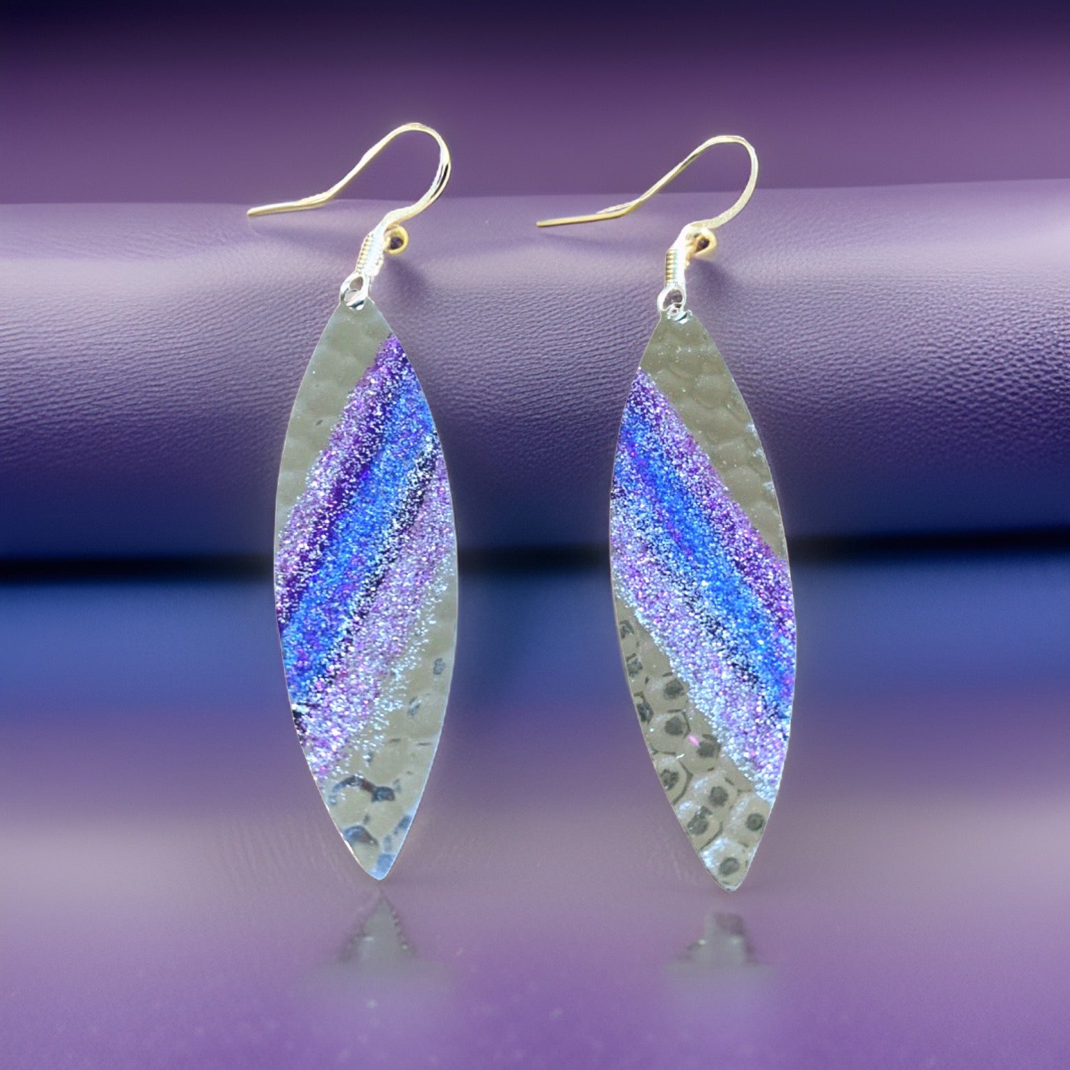 Art Deco Hand Painted Purple & Blue Navette Earrings