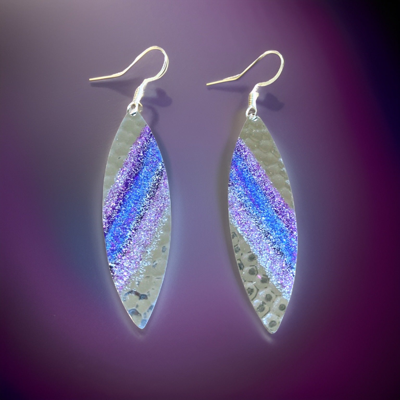 Art Deco Hand Painted Purple & Blue Navette Earrings