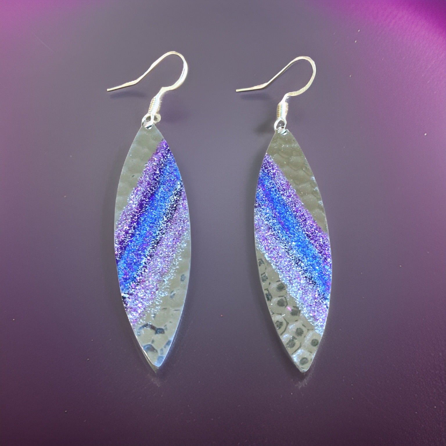 Art Deco Hand Painted Purple & Blue Navette Earrings