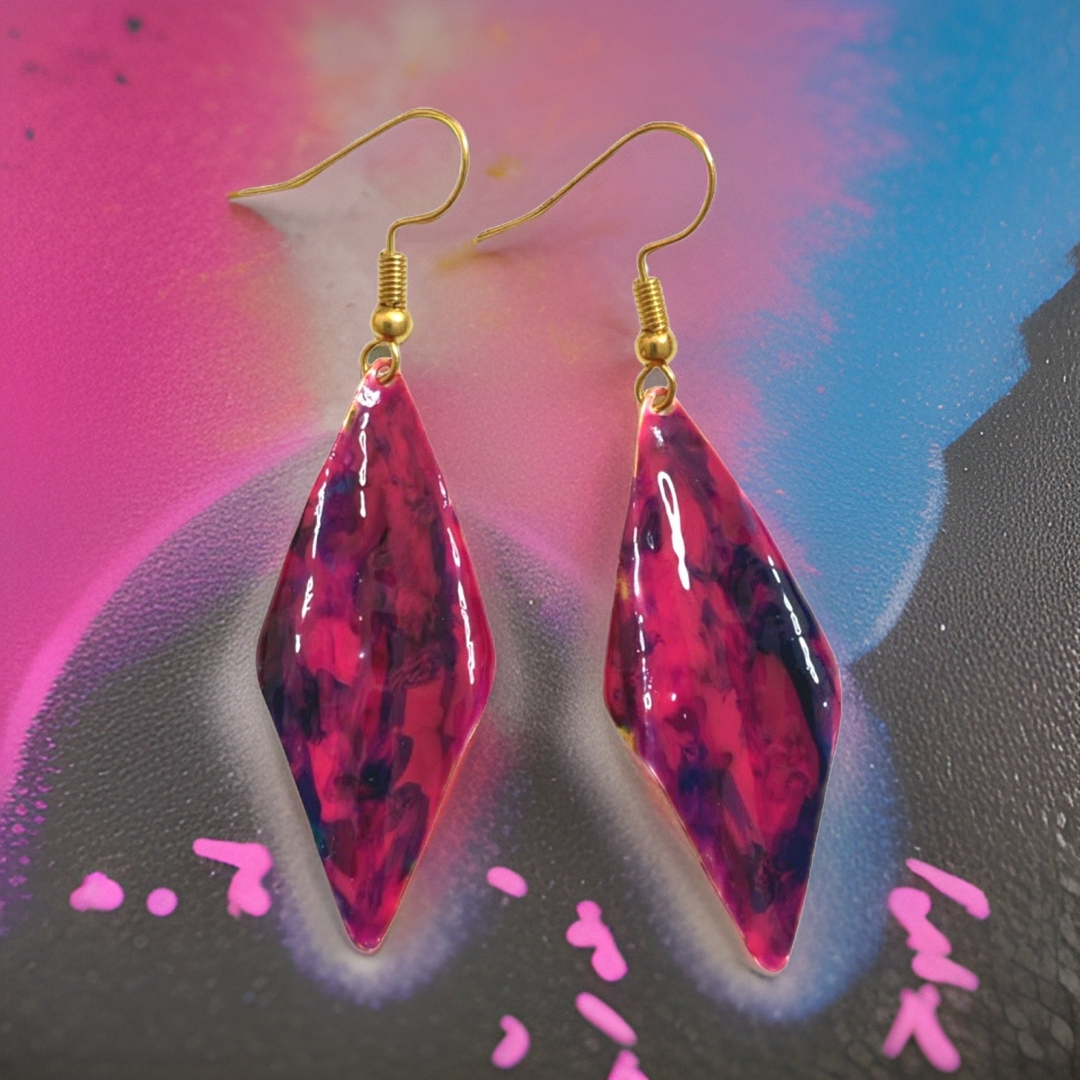 Hand Painted Purple Marbleized Hammered Wavy Dangle Earrings