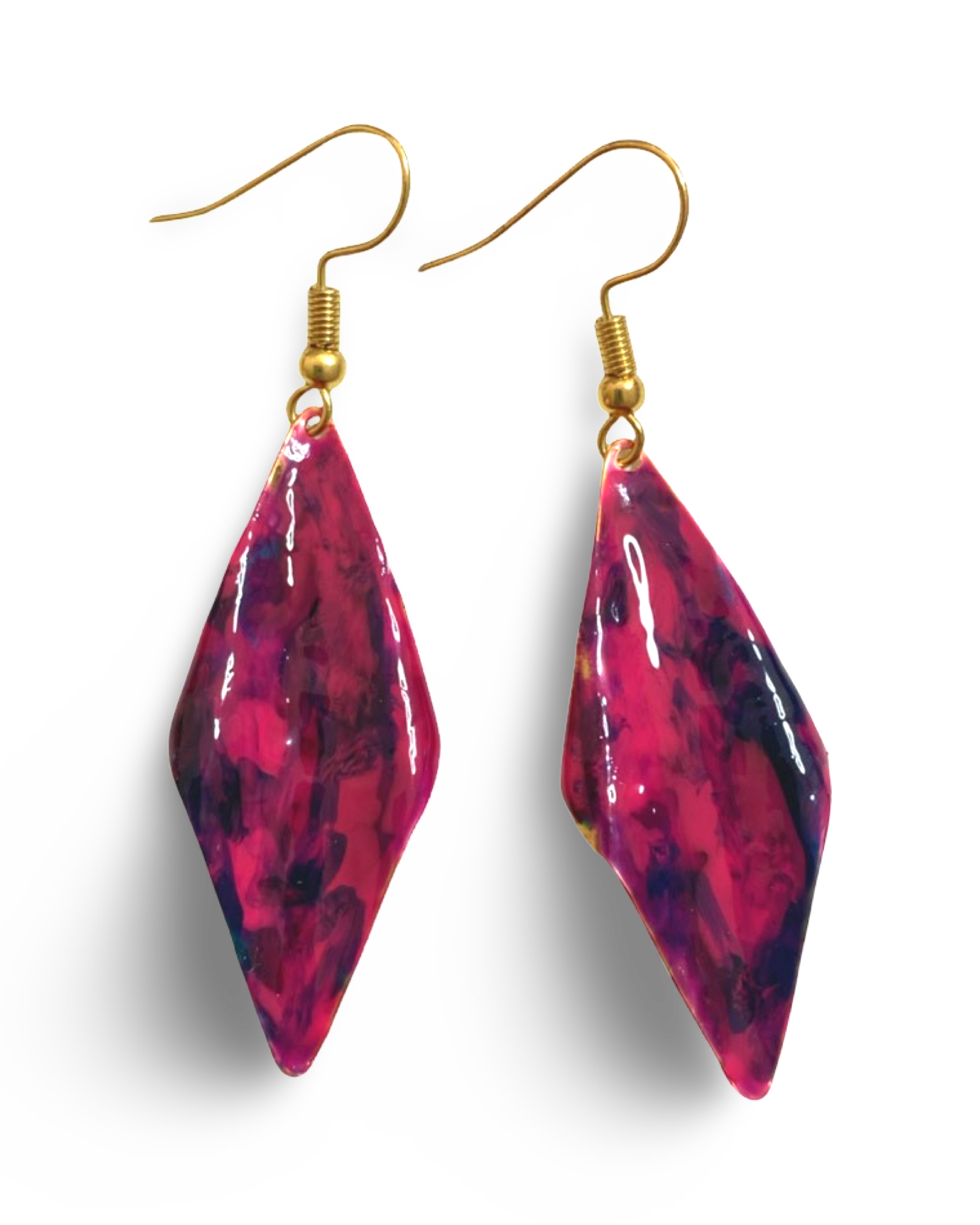 Hand Painted Purple Marbleized Hammered Wavy Dangle Earrings