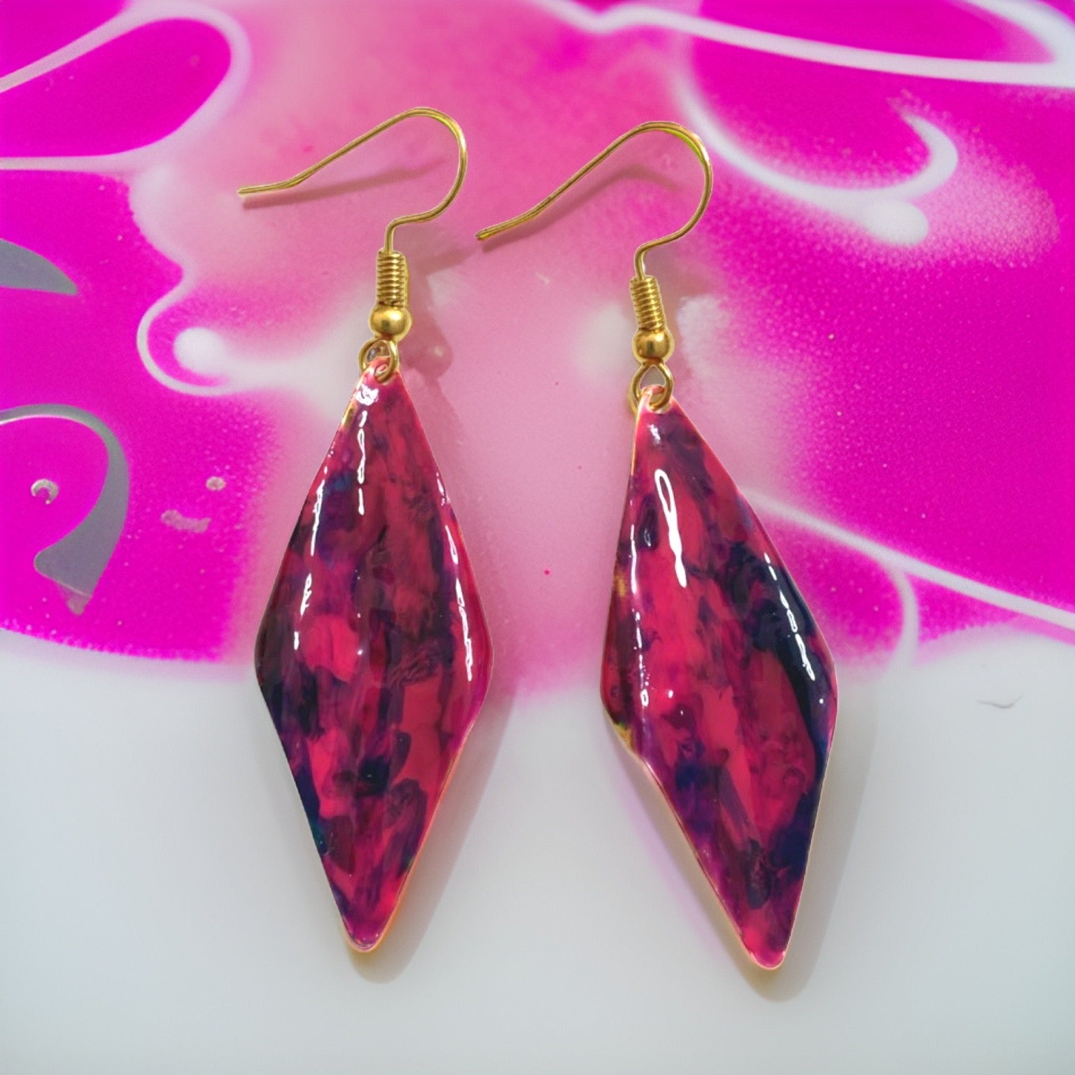 Hand Painted Purple Marbleized Hammered Wavy Dangle Earrings