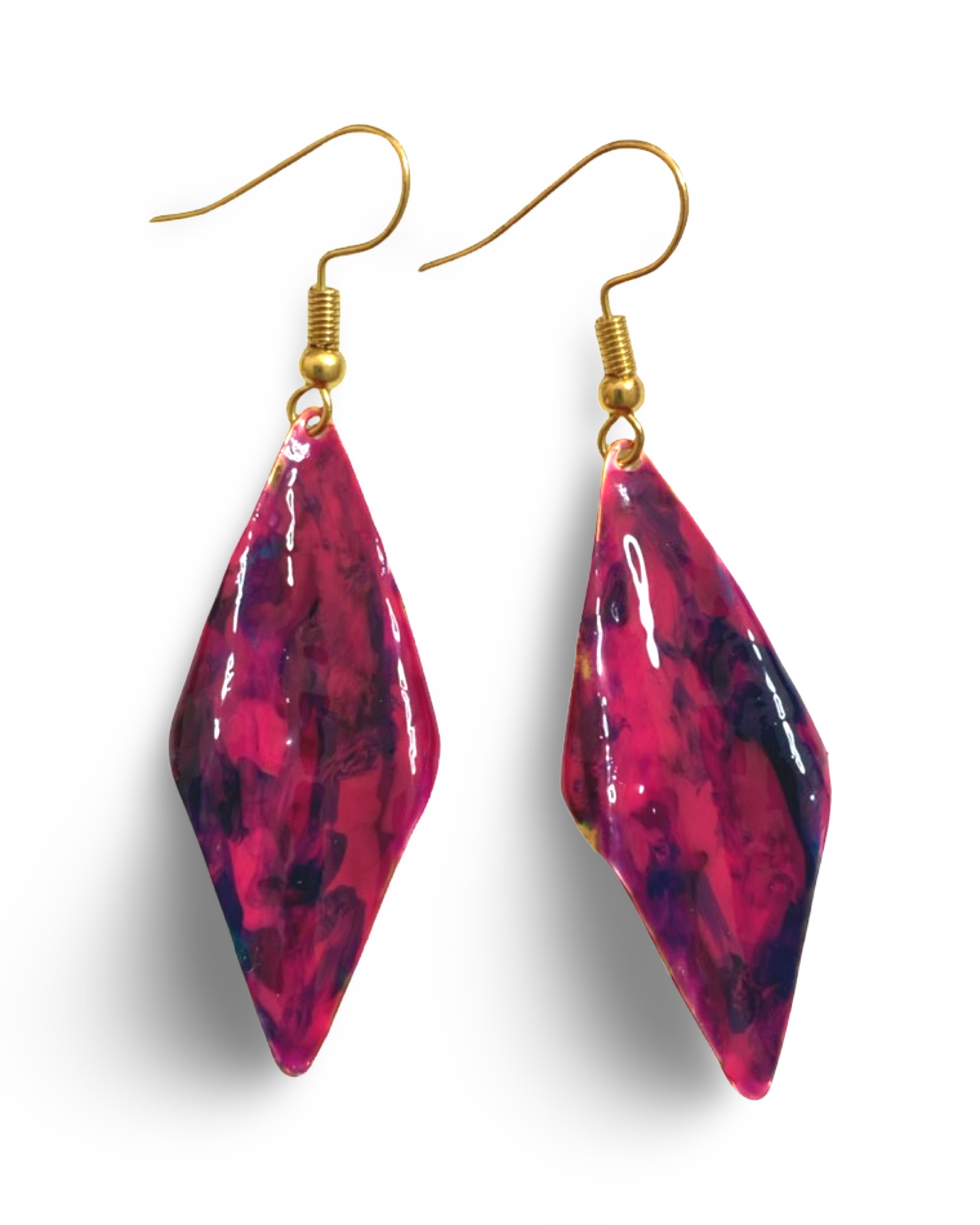 Hand Painted Purple Marbleized Hammered Wavy Dangle Earrings