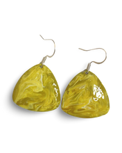 Load image into Gallery viewer, Yellow &amp; White Hand Painted Marbleized Guitar Pick Earrings
