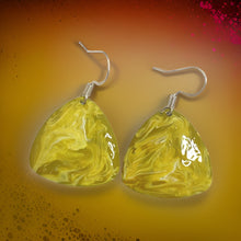 Load image into Gallery viewer, Yellow &amp; White Hand Painted Marbleized Guitar Pick Earrings
