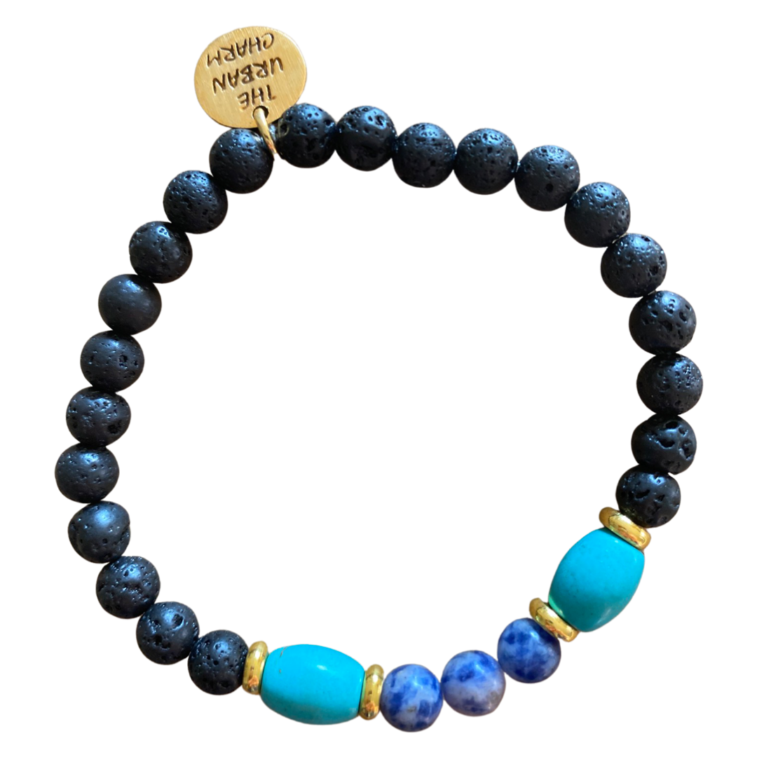 Black Lava Rock, Natural Sodalite and Turquoise Bracelet
