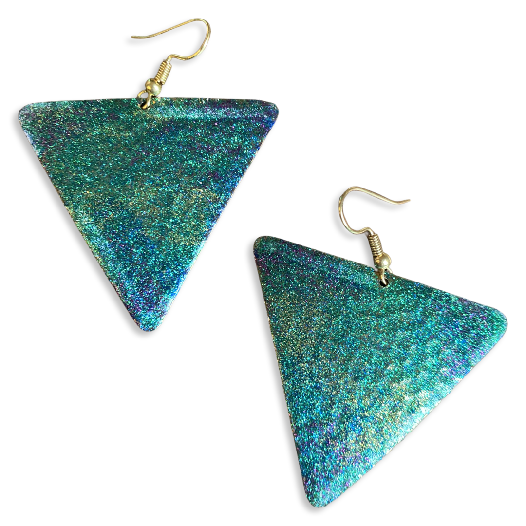 Art Deco Hand Painted Blue Green Triangle Earrings